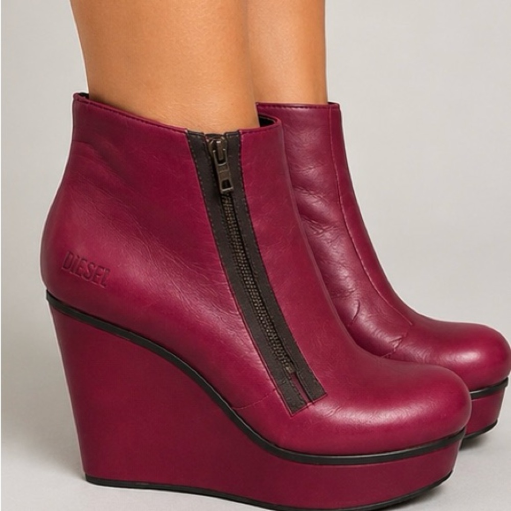 Diesel Burgundy Wedge Zip Ankle Boots
